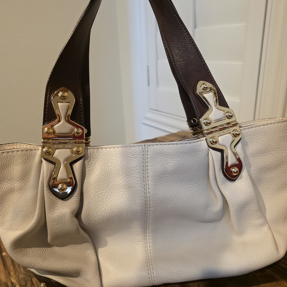 Michael Kors Cream and Brown Shoulder Bag with Gold Details